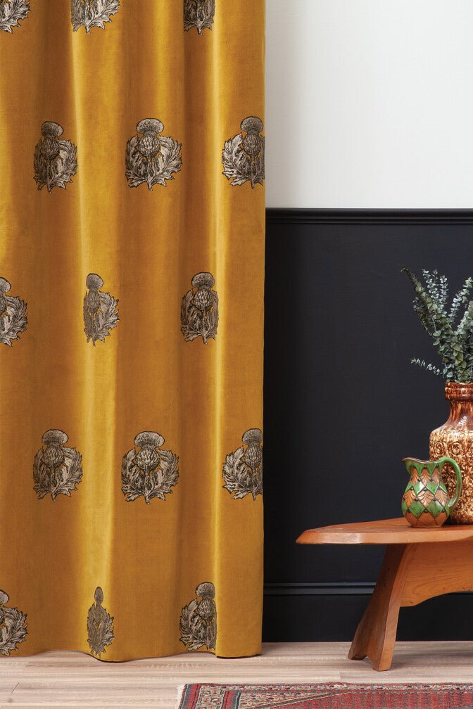 Little Thistle Velvet Fabric - Black & Pale Gold on Honey - Timorous Beasties - LTHL/8206/04 - Premier Wallcovering