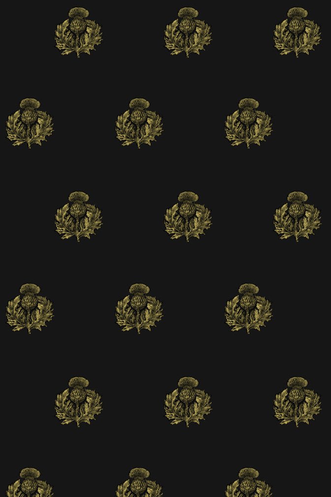 Little Thistle Velvet Fabric - Black & Pale Gold on Black - Timorous Beasties - LTHL/8702/07 - Premier Wallcovering