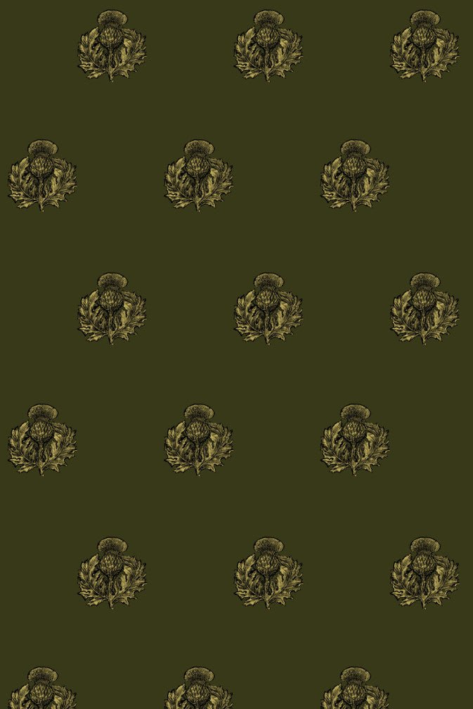 Little Thistle Velvet Fabric - Black & Pale Gold on Olive - Timorous Beasties - LTHL/8118/01 - Premier Wallcovering