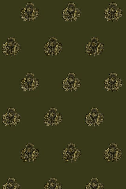 Little Thistle Velvet Fabric - Black & Pale Gold on Olive - Timorous Beasties - LTHL/8118/01 - Premier Wallcovering