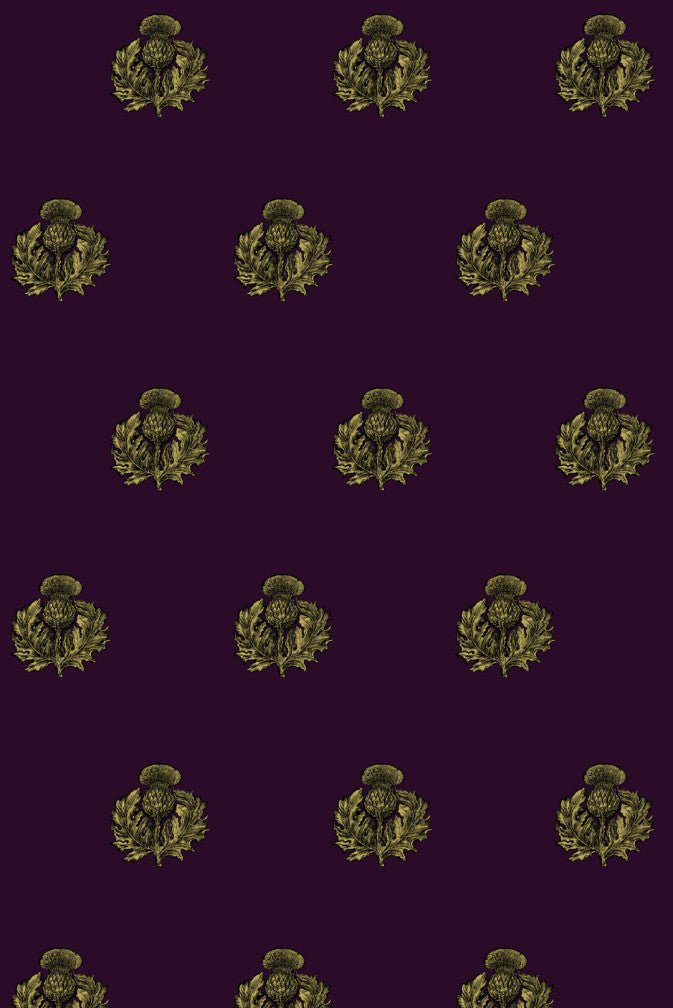 Little Thistle Velvet Fabric - Black & Pale Gold on Aubergine - Timorous Beasties - LTHL/8612/05 - Premier Wallcovering