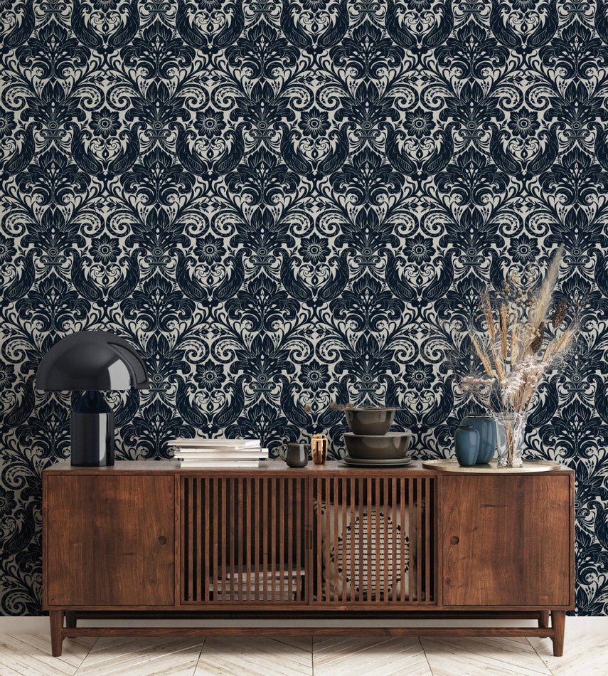 Llewelyn Bowen Damask Sauvage Wallpaper - Blue - Galerie - LB25167 - Premier Wallcovering