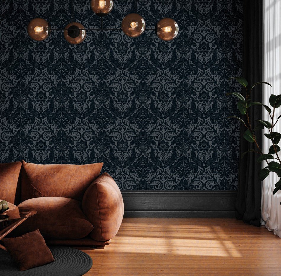 Llewelyn Bowen Damask Sauvage Wallpaper - Navy - Galerie - LB25169 - Premier Wallcovering