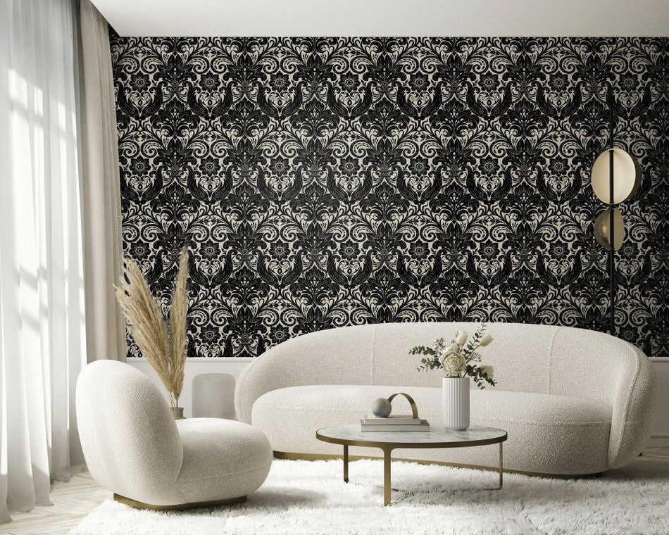 Llewelyn Bowen Damask Sauvage Wallpaper - Black - Galerie - LB25166 - Premier Wallcovering