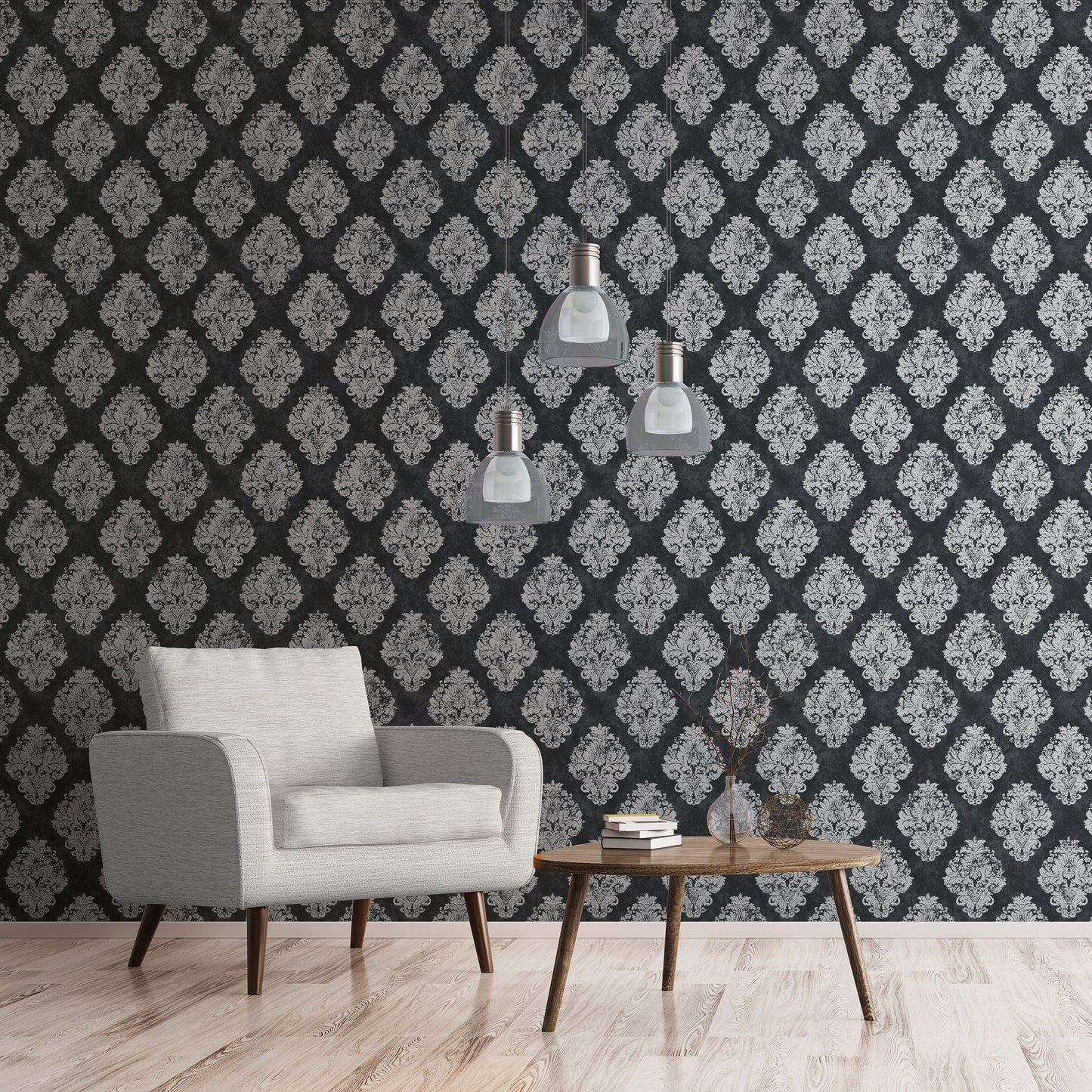 Metallic FX Damask Wallpaper - Black / Silver - Galerie - W78227 - Premier Wallcovering