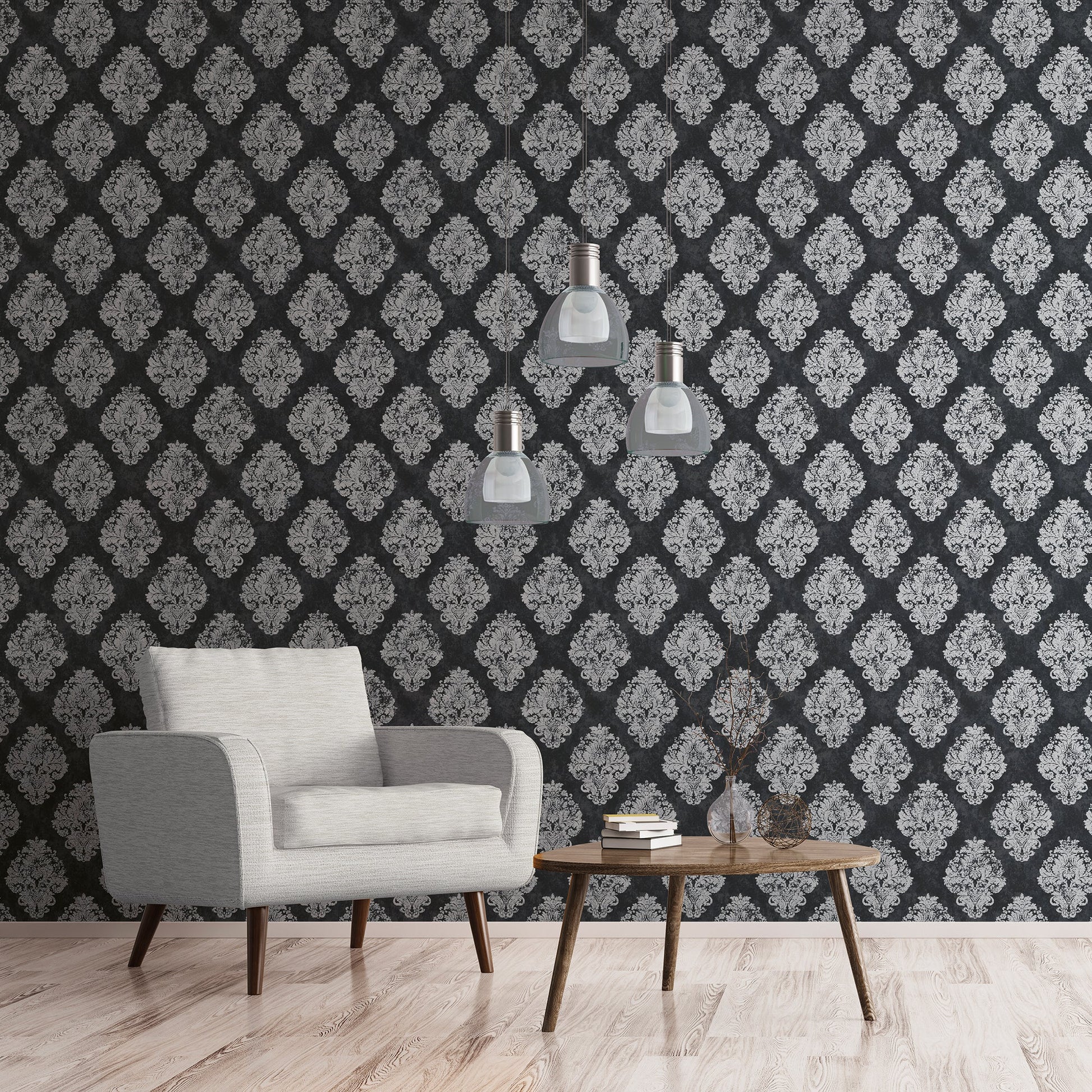 Metallic FX Damask Wallpaper - Black / Silver - Galerie - W78227 - Premier Wallcovering