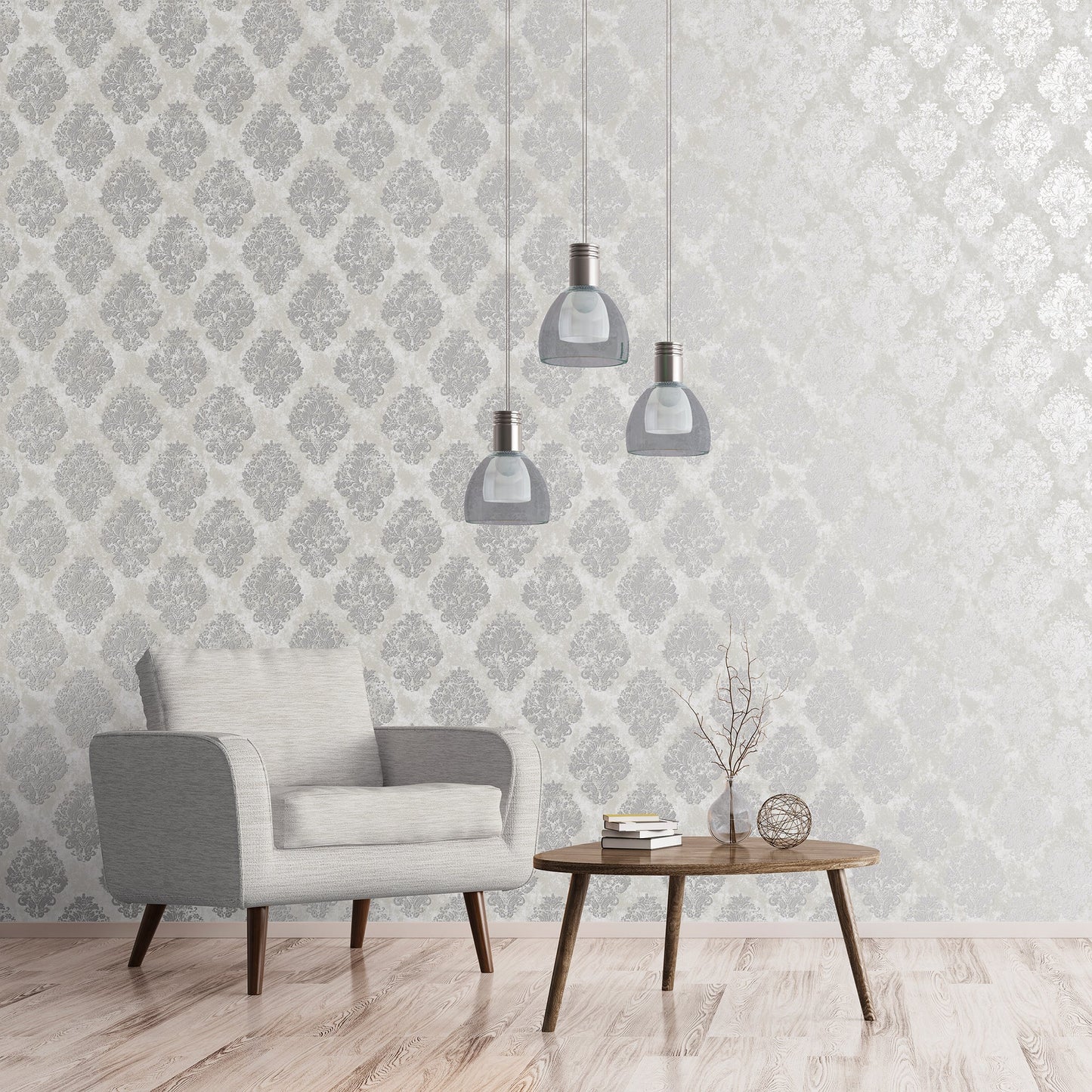Metallic FX Damask Wallpaper - Silver - Galerie - W78226 - Premier Wallcovering