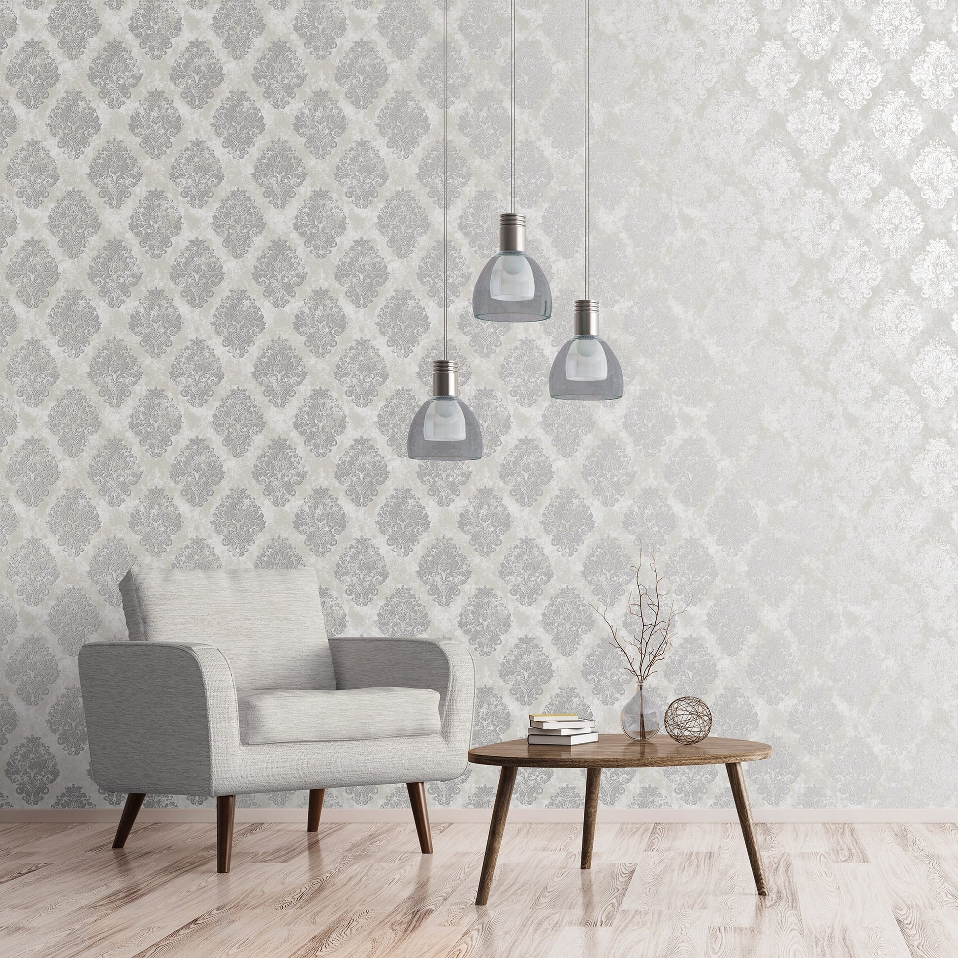 Metallic FX Damask Wallpaper - Silver - Galerie - W78226 - Premier Wallcovering