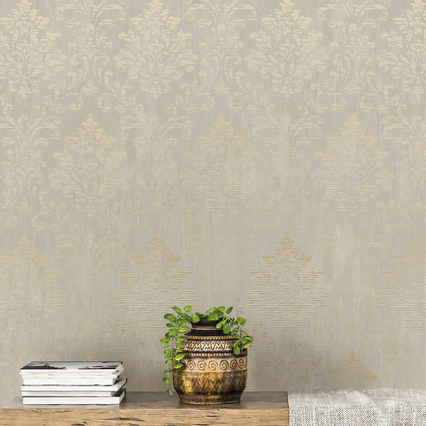 Metallic FX Rustic Damask Wallpaper - Cream / Gold - Galerie - W78179 - Premier Wallcovering