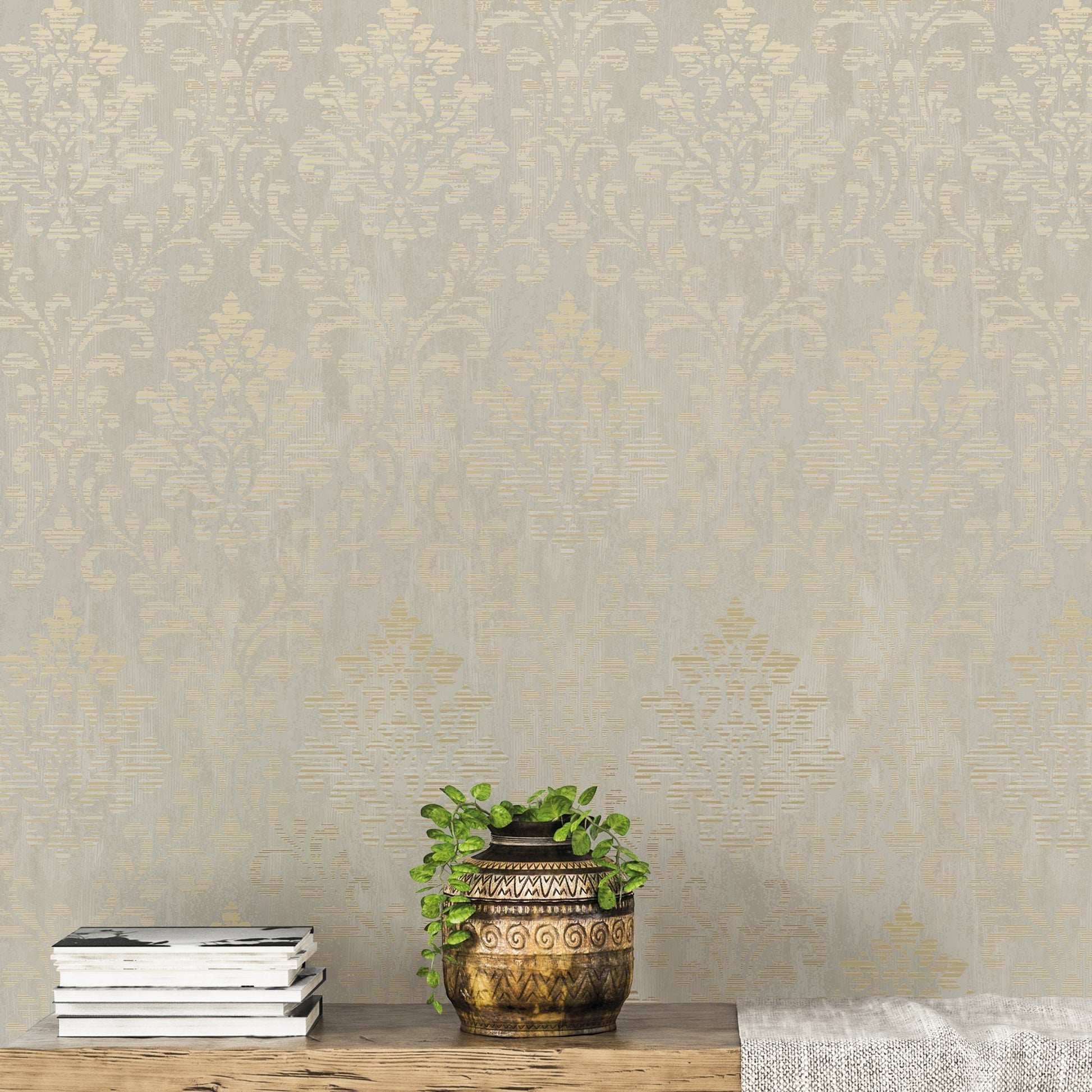 Metallic FX Rustic Damask Wallpaper - Cream / Gold - Galerie - W78179 - Premier Wallcovering