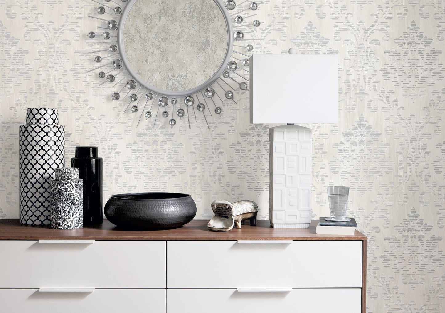 Metallic FX Rustic Damask Wallpaper - Off White / Silver - Galerie - W78180 - Premier Wallcovering