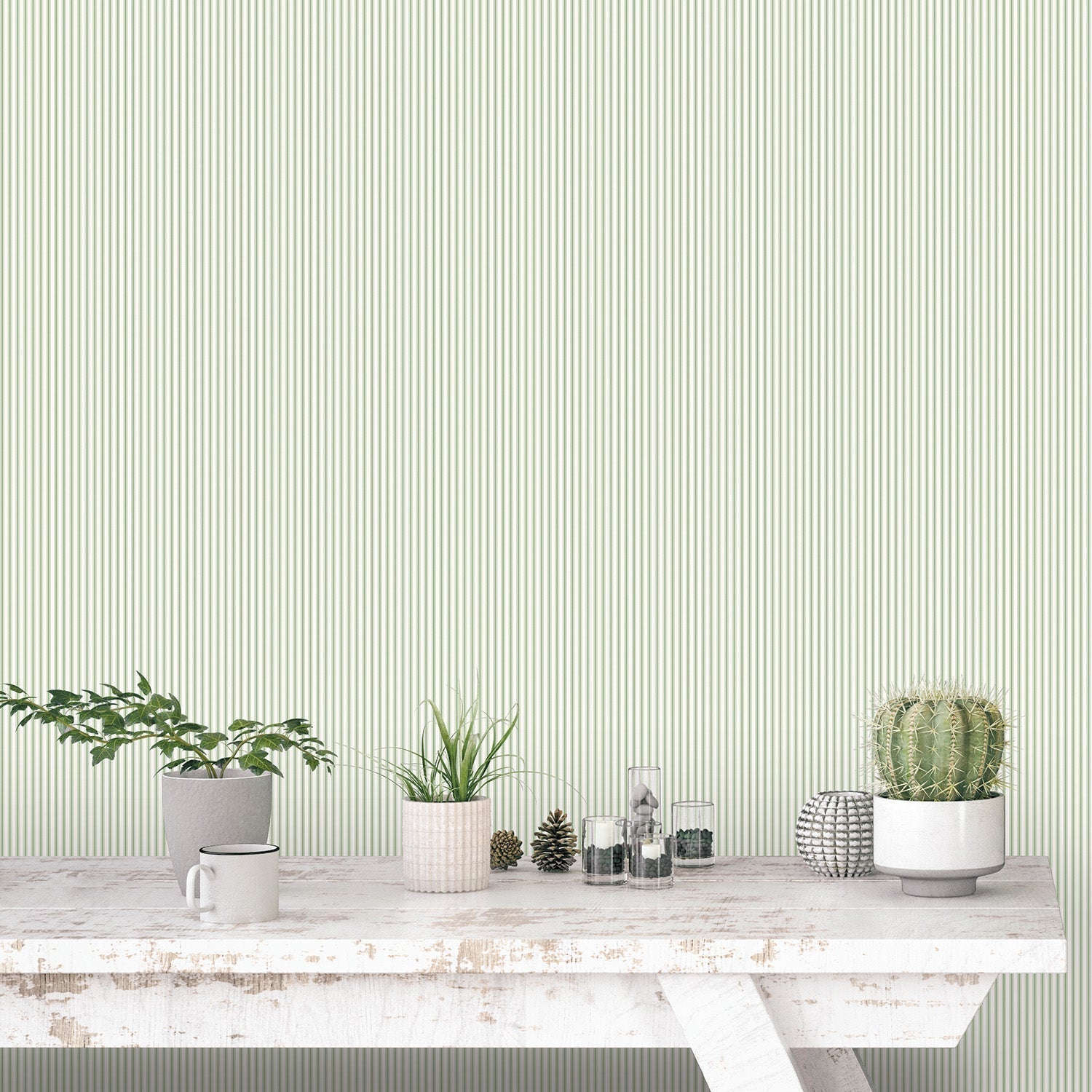 Miniatures 2 Double Stripe Wallpaper - Green / White - Galerie - G67928 - Premier Wallcovering