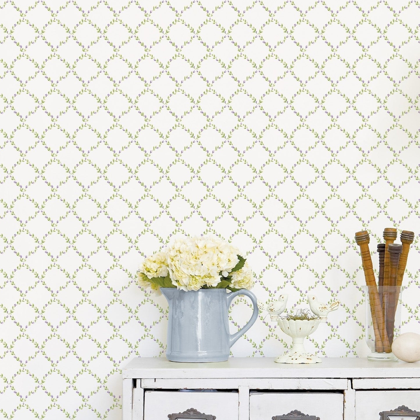 Miniatures 2 Geometric Trellis Wallpaper - Lilac / Green - Galerie - G67906 - Premier Wallcovering