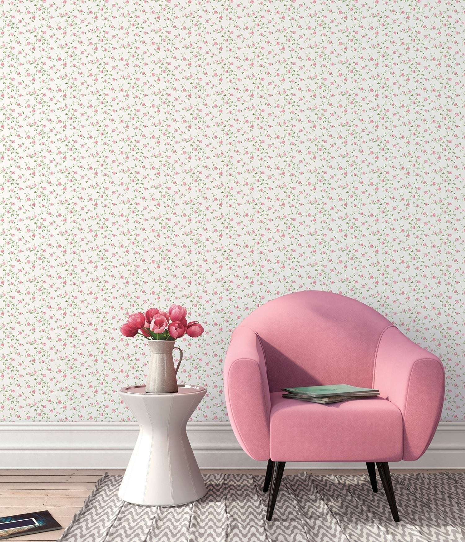 Miniatures 2 Mini Roses Wallpaper - Pink / Green - Galerie - G67889 - Premier Wallcovering
