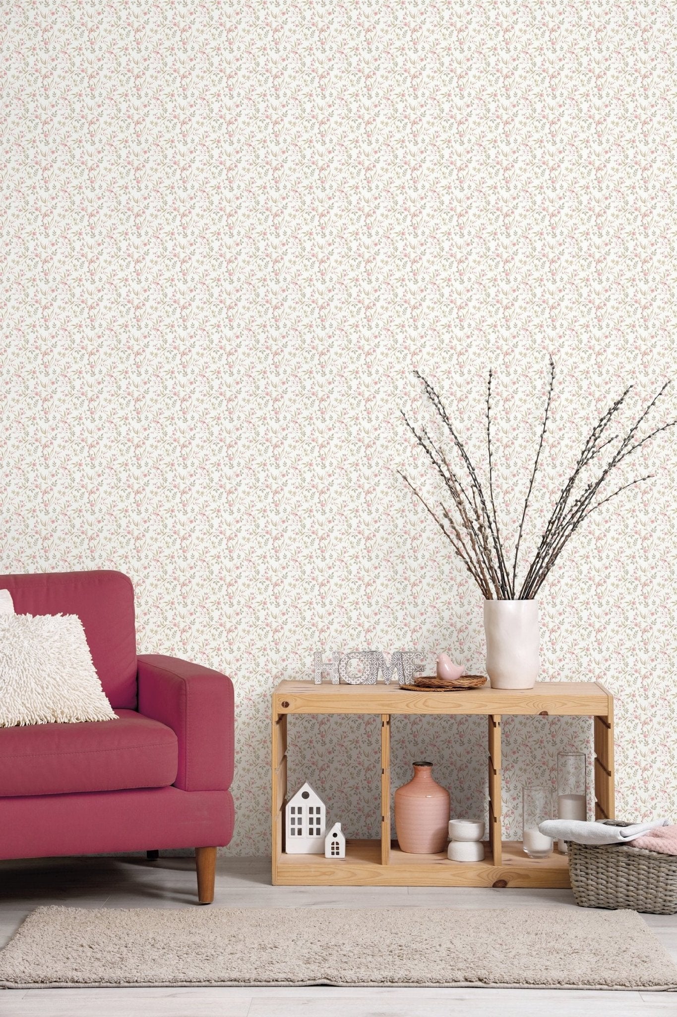 Miniatures 3 Garden Bird Wallpaper - Pink - Galerie - G68717 - Premier Wallcovering