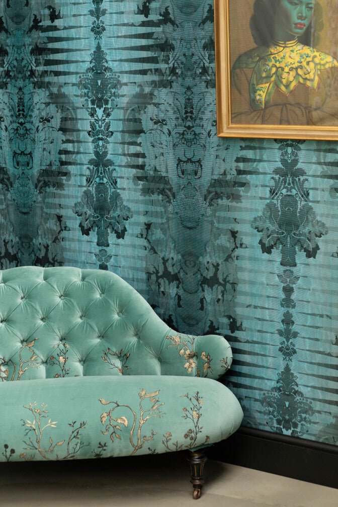 Moire Damask Foil Wallpaper - Gunmetal Blue - Timorous Beasties - FOIL/MDAM/BLU/03 - Premier Wallcovering