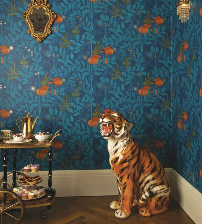 Nautilus Wallpaper - Chartreuse & Petrol on Midnight - 103/4018 - Cole & Son - Premier Wallcovering