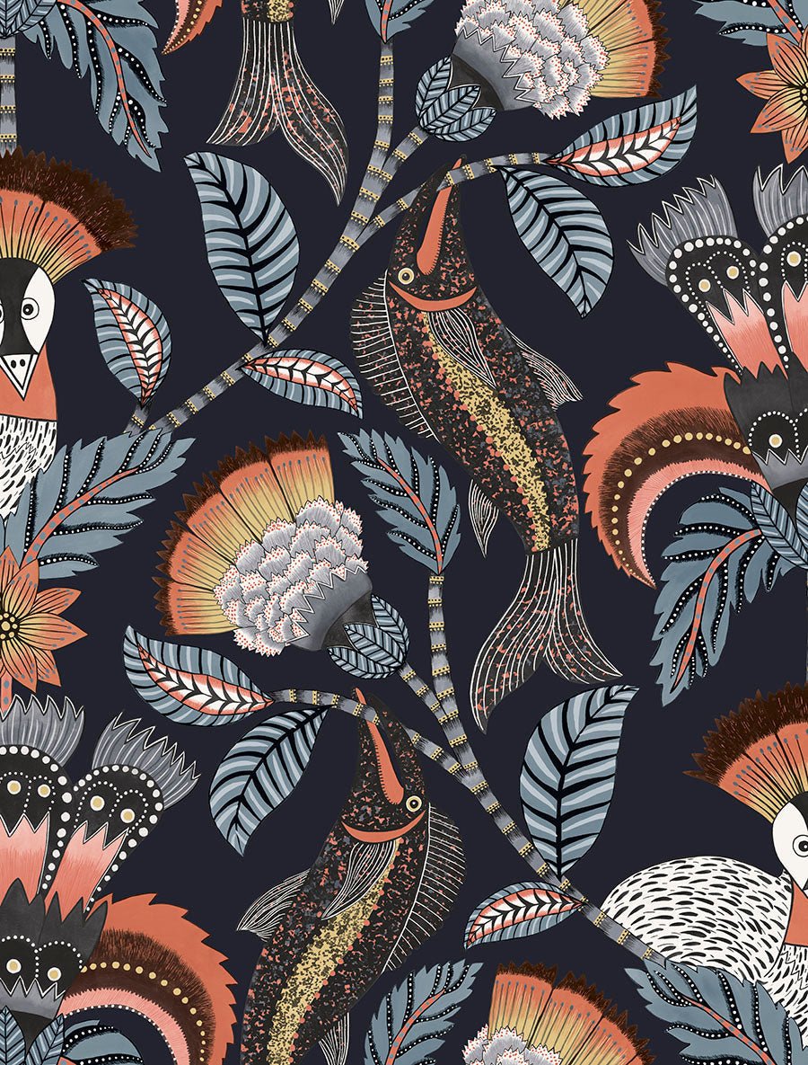 Nene Wallpaper - Terracotta, Cerulean Blue & Heath Grey on Midnight - 119/8038 - Cole & Son - Premier Wallcovering