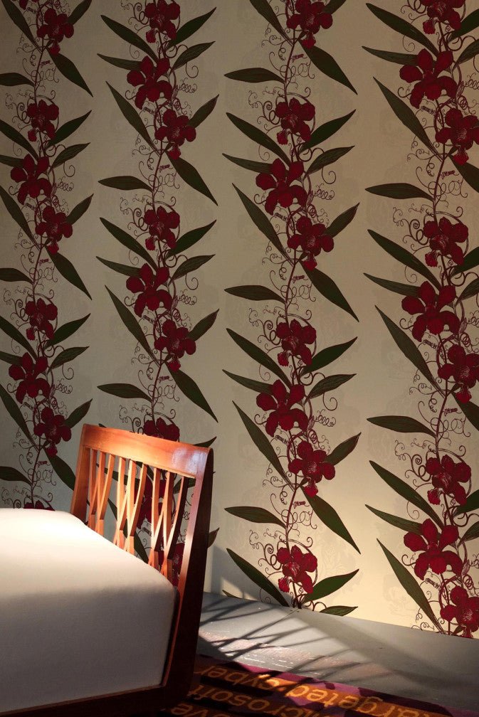 Oriental Orchid Wallpaper - Reds & Greens on Cream - Timorous Beasties - EX/ORO/4004/04 - Premier Wallcovering
