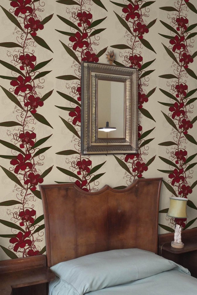 Oriental Orchid Wallpaper - Reds & Greens on Cream - Timorous Beasties - EX/ORO/4004/04 - Premier Wallcovering