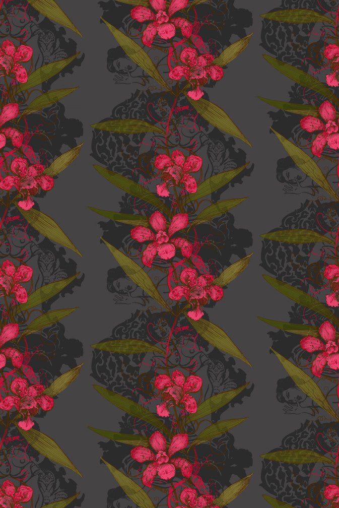 Oriental Orchid Wallpaper - Reds & Greens on Black - Timorous Beasties - EX/ORO/4007/01 - Premier Wallcovering