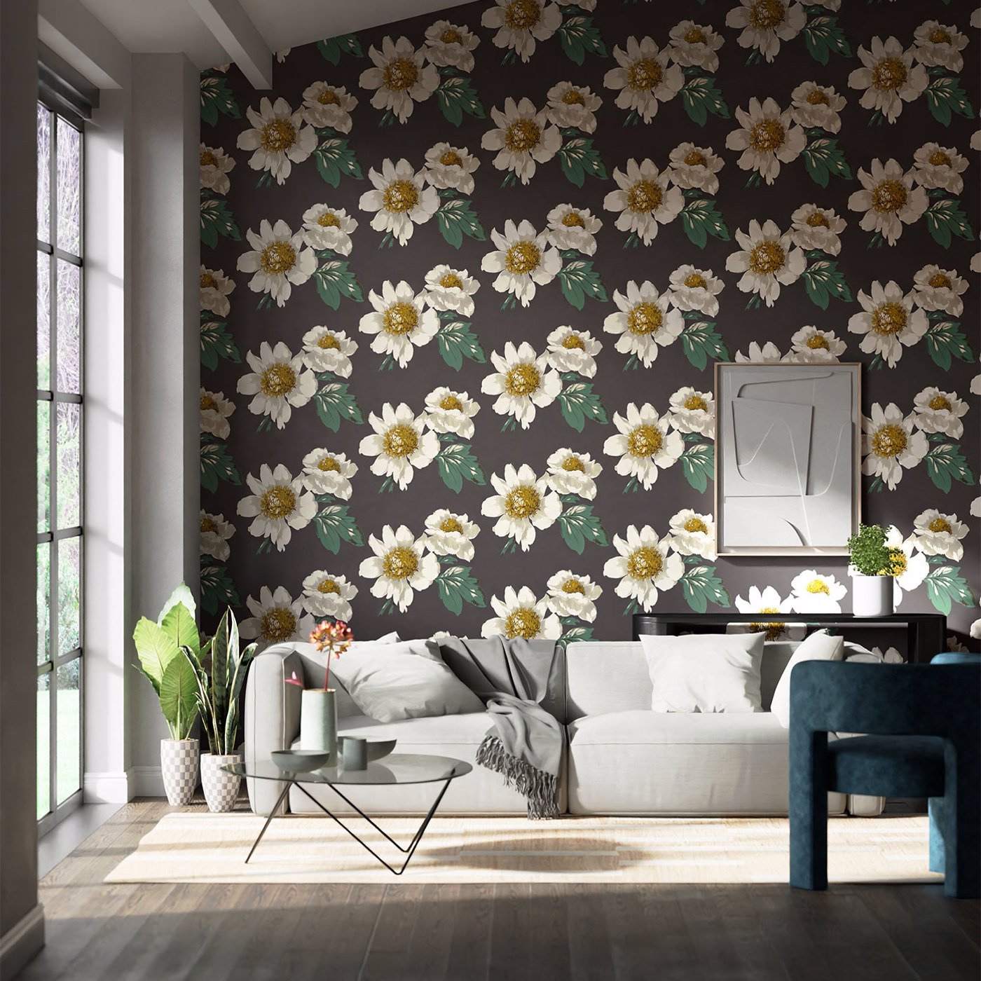 Paeonia Wallpaper - Black Earth/Fig Leaf/ Gold - Harlequin - HQN2112841 - Premier Wallcovering