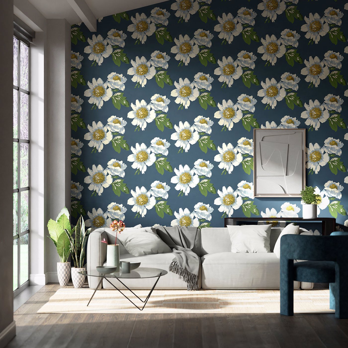 Paeonia Wallpaper - Azurite/Meadow/Nectar - Harlequin - HQN2112842