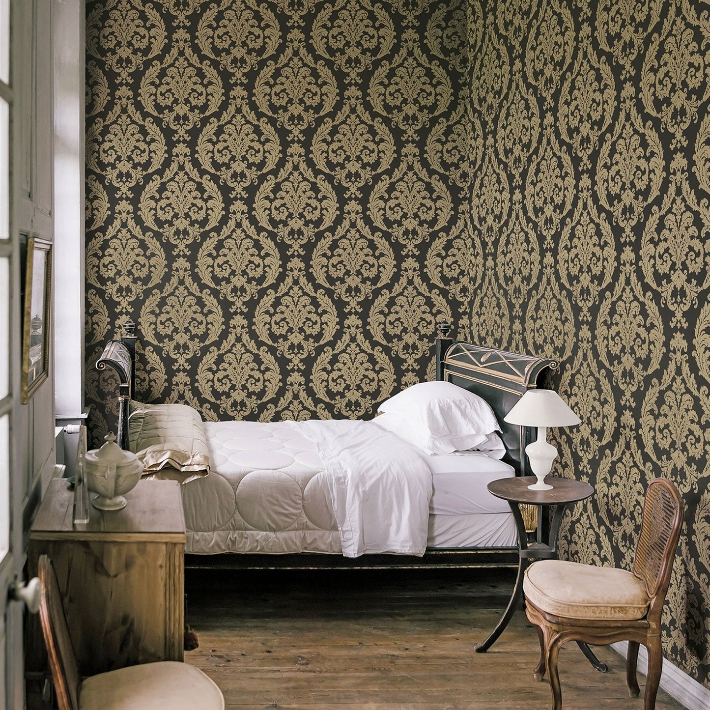 Palazzo Damask Wallpaper - Gold / Dark Brown - Galerie - G67613 - Premier Wallcovering