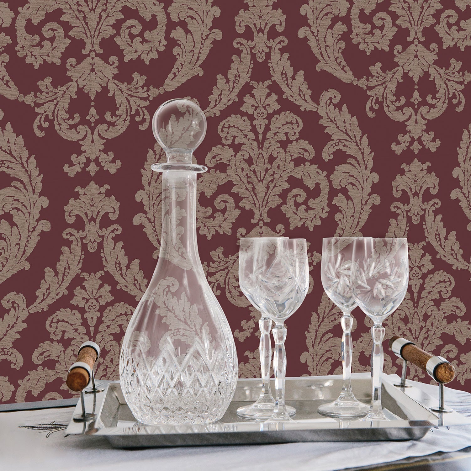 Palazzo Damask Wallpaper - Gold / Claret - Galerie - G67611 - Premier Wallcovering