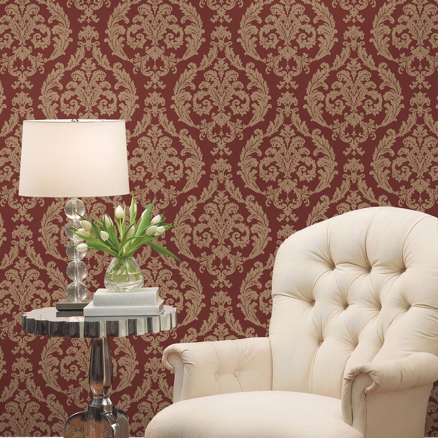 Palazzo Damask Wallpaper - Red / Gold - Galerie - G67612 - Premier Wallcovering