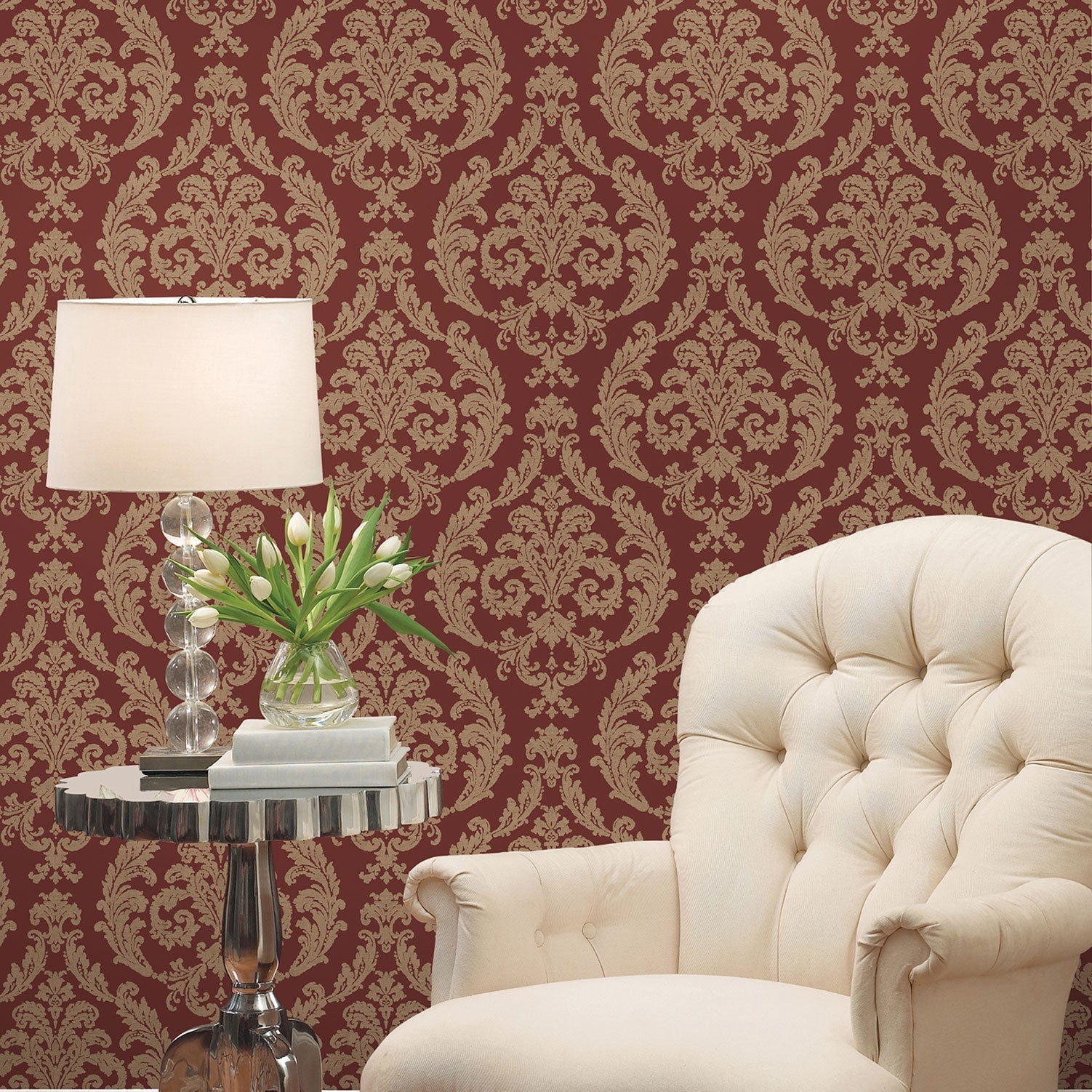 Palazzo Damask Wallpaper - Red / Gold - Galerie - G67612 - Premier Wallcovering