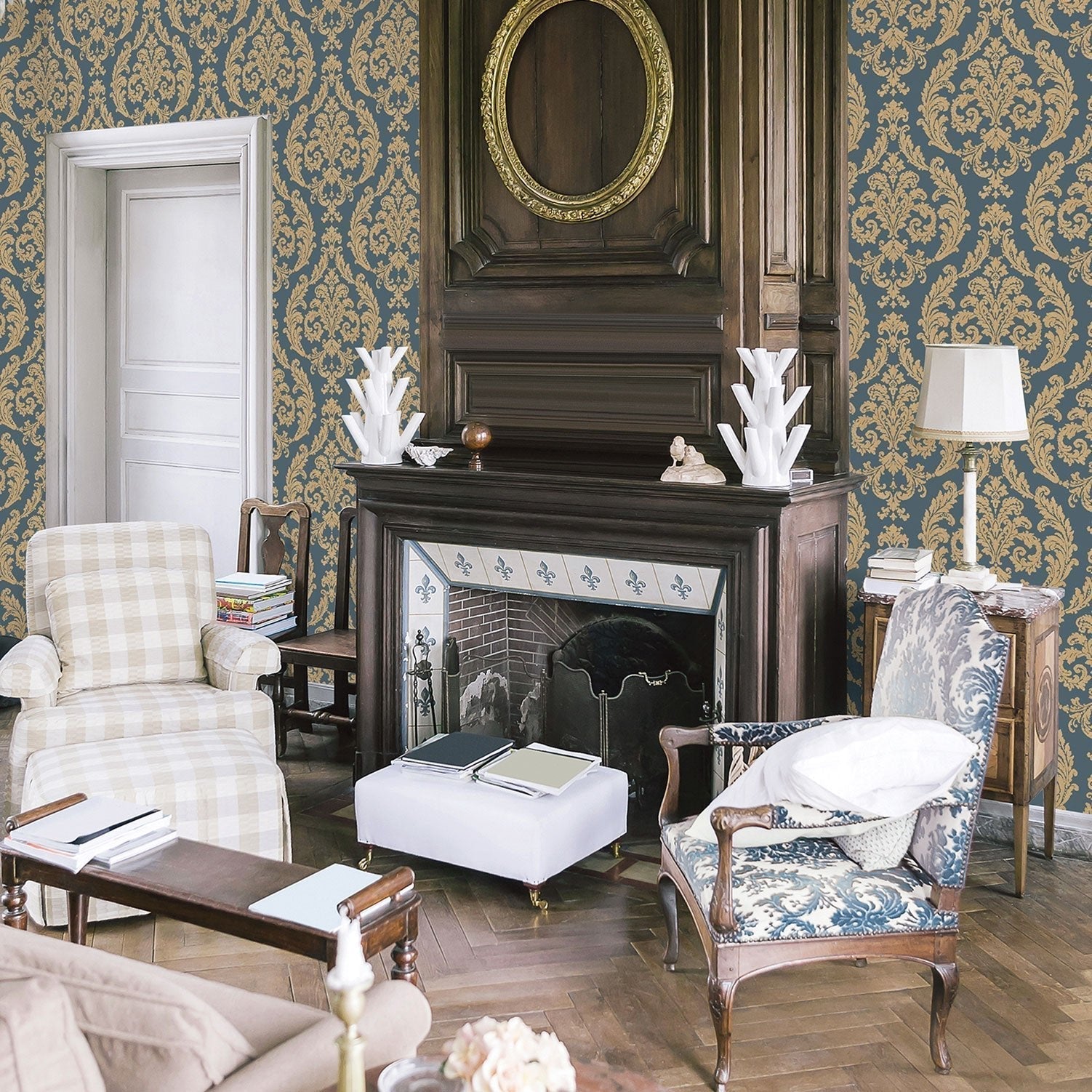 Palazzo Damask Wallpaper - Gold / Blue - Galerie - G67610 - Premier Wallcovering