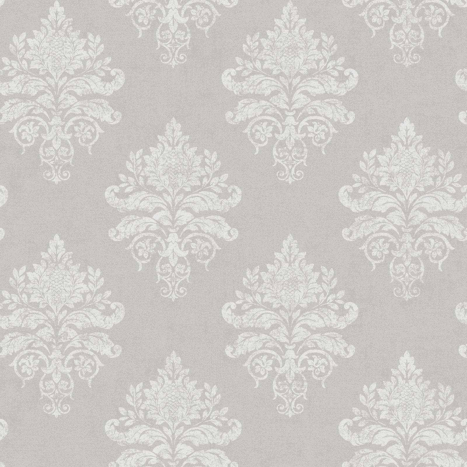 Palazzo Medallion Damask Wallpaper - Silver Grey / White - Galerie - G68670 - Premier Wallcovering