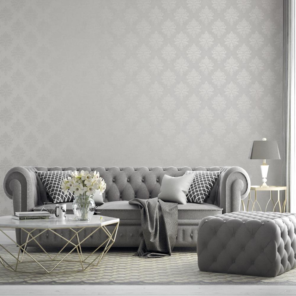 Palazzo Medallion Damask Wallpaper - Silver Grey / White - Galerie - G68670 - Premier Wallcovering