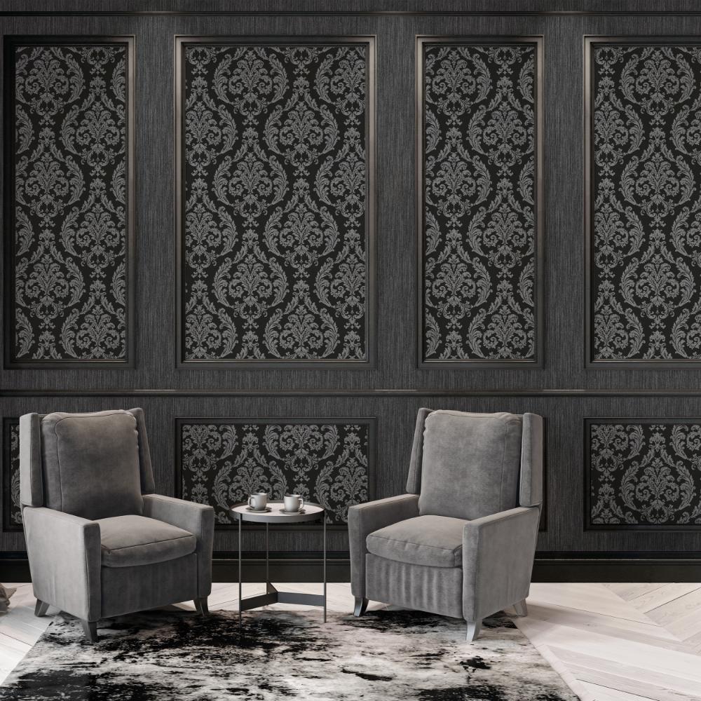 Palazzo Silk Damask Wallpaper - Black / Silver Grey - Galerie - G68676 - Premier Wallcovering