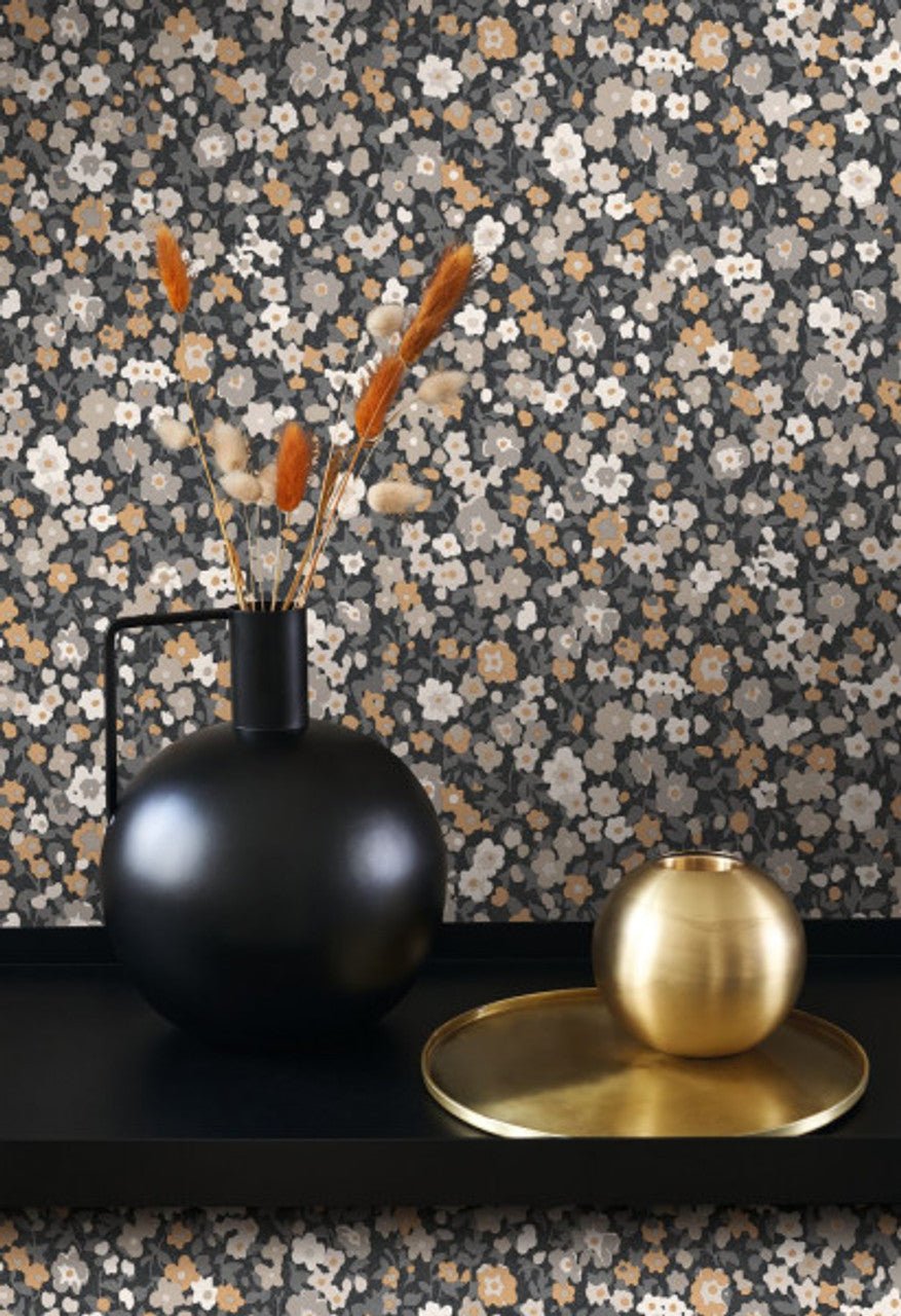 Pansy Flower Market Wallpaper - Noir / Camel - Casadeco - 89219509 - Premier Wallcovering