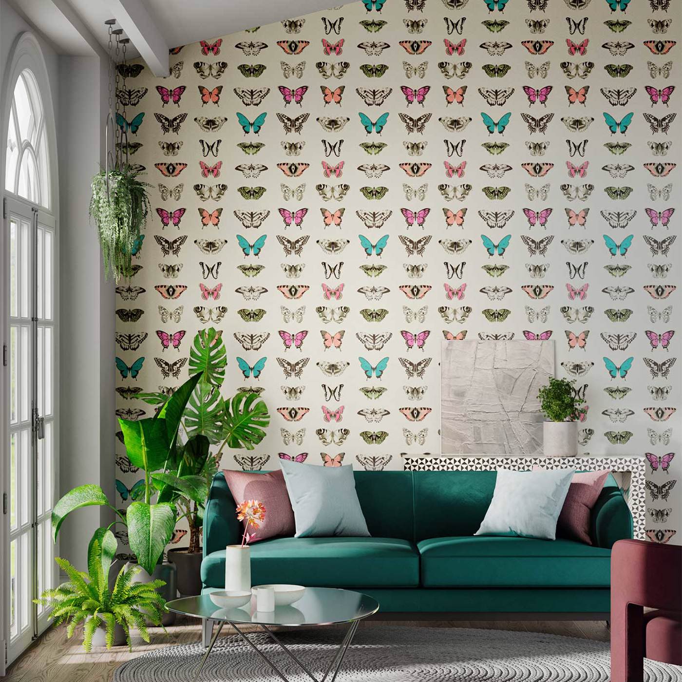 Papilio Wallpaper - Flamingo / Papaya / Olive - HAMA111079 - Harlequin 