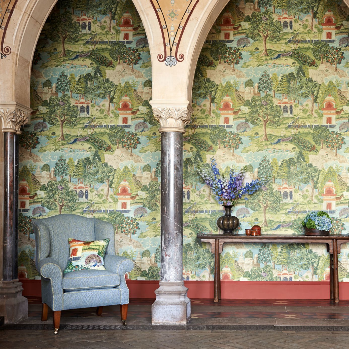 Peacock Garden Wallpaper - Green/Coral - Zoffany - ZJAI311743 - Morris Wallpaper