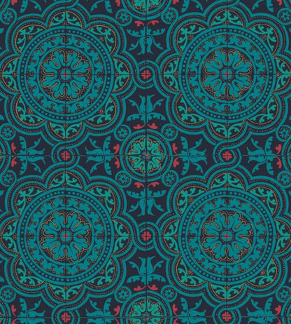 Piccadilly Seville Wallpaper - Petrol, Red & Metallic Gold on Ink - 117/8021 - Cole & Son - Premier Wallcovering
