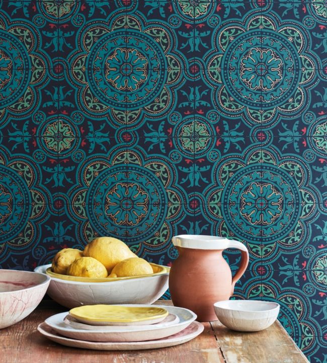Piccadilly Seville Wallpaper - Petrol, Red & Metallic Gold on Ink - 117/8021 - Cole & Son - Premier Wallcovering