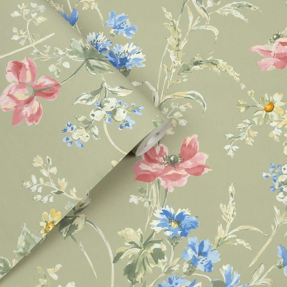 Poppy Meadow Wallpaper - Sage Green - Laura Ashley - 127405 - Premier Wallcovering