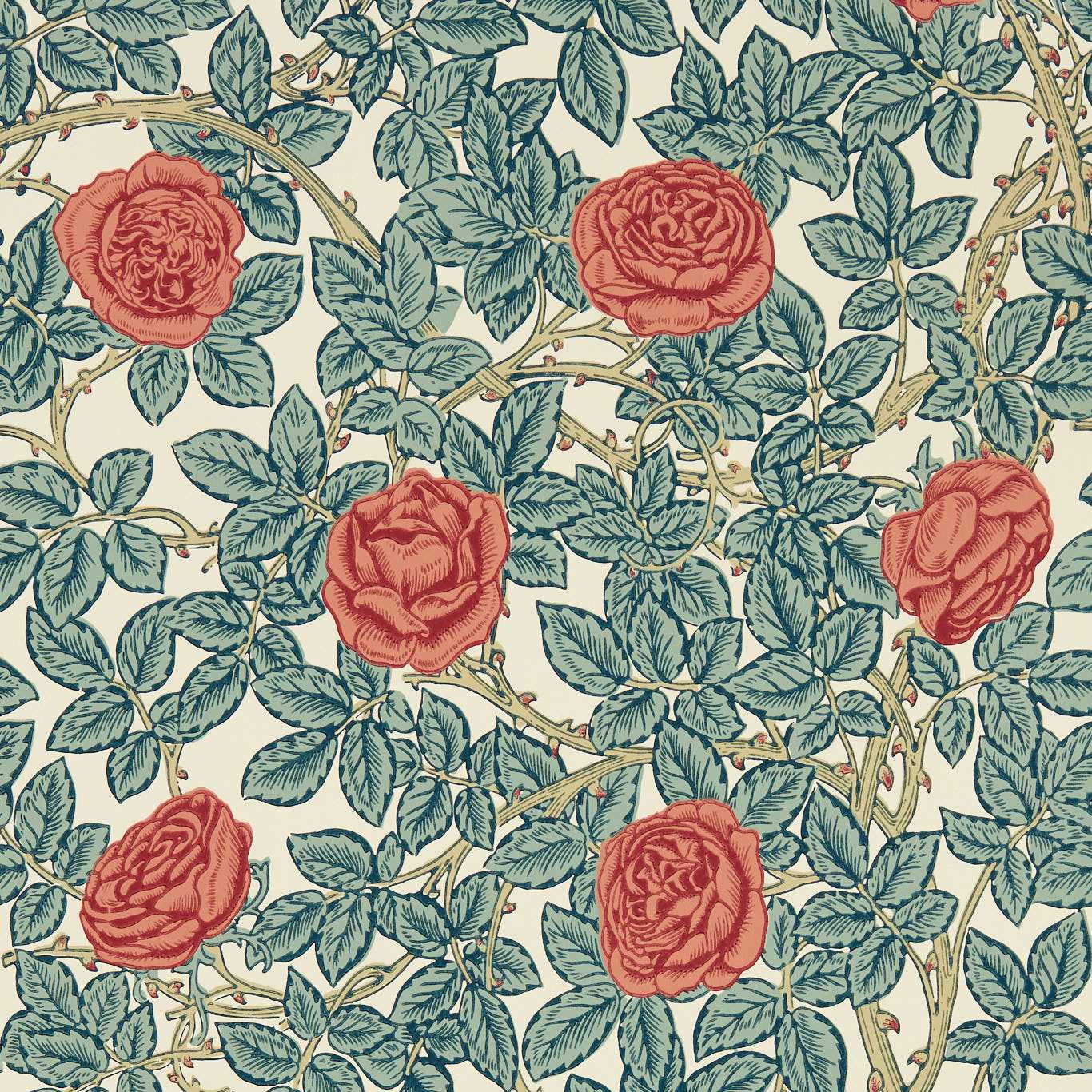 Rambling Rose Wallpaper - Emery Blue/Spring Thicket - 217206 - Morris & Co - Premier Wallcovering