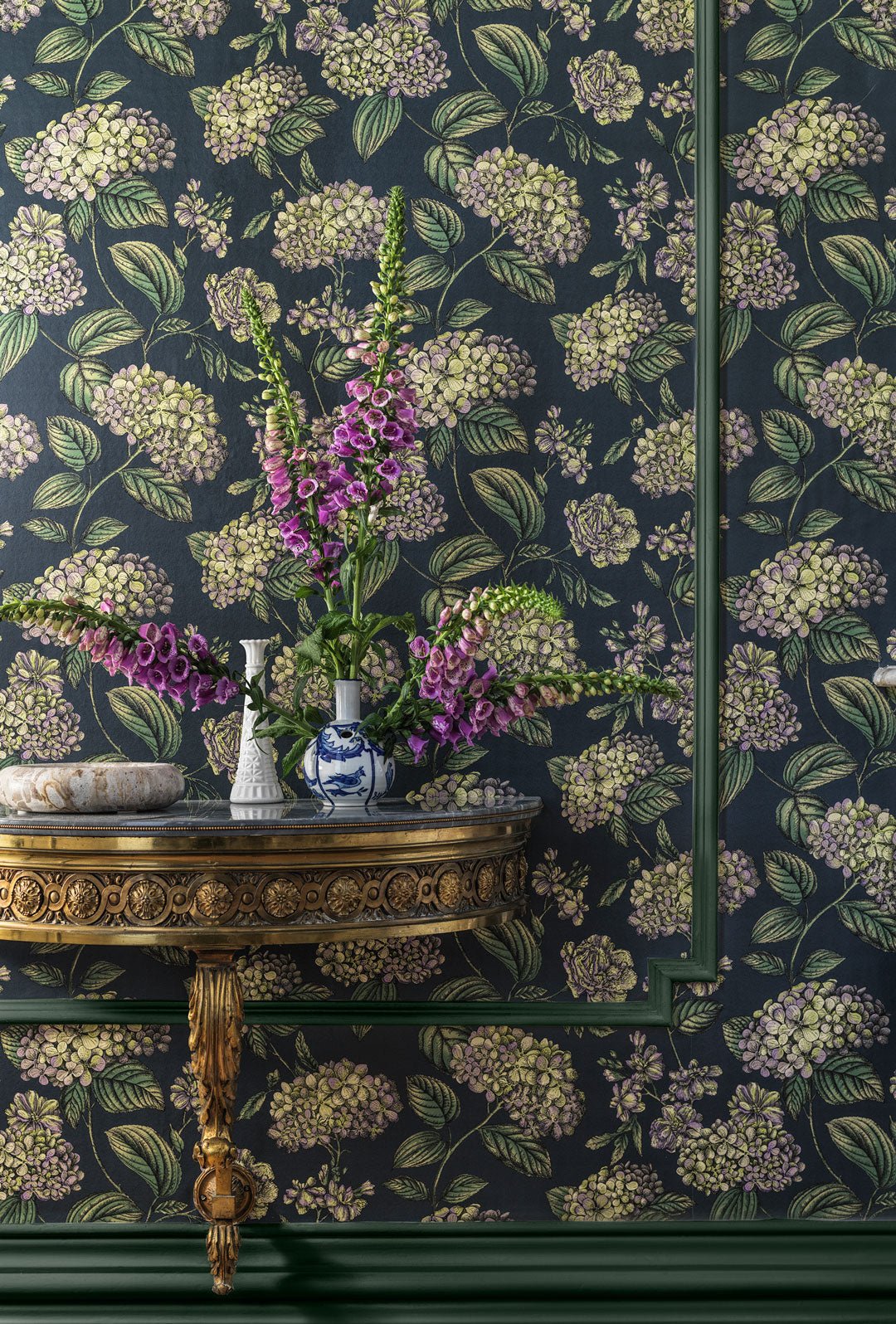 Ramo di Ortensia Wallpaper - Lime & Purple on Ink - 123/8042 - Cole & Son - Premier Wallcovering