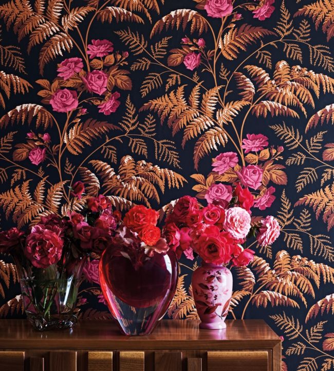 Rose Wallpaper - Rose & Burnt Orange on Black - 115/10029 - Cole & Son - Premier Wallcovering