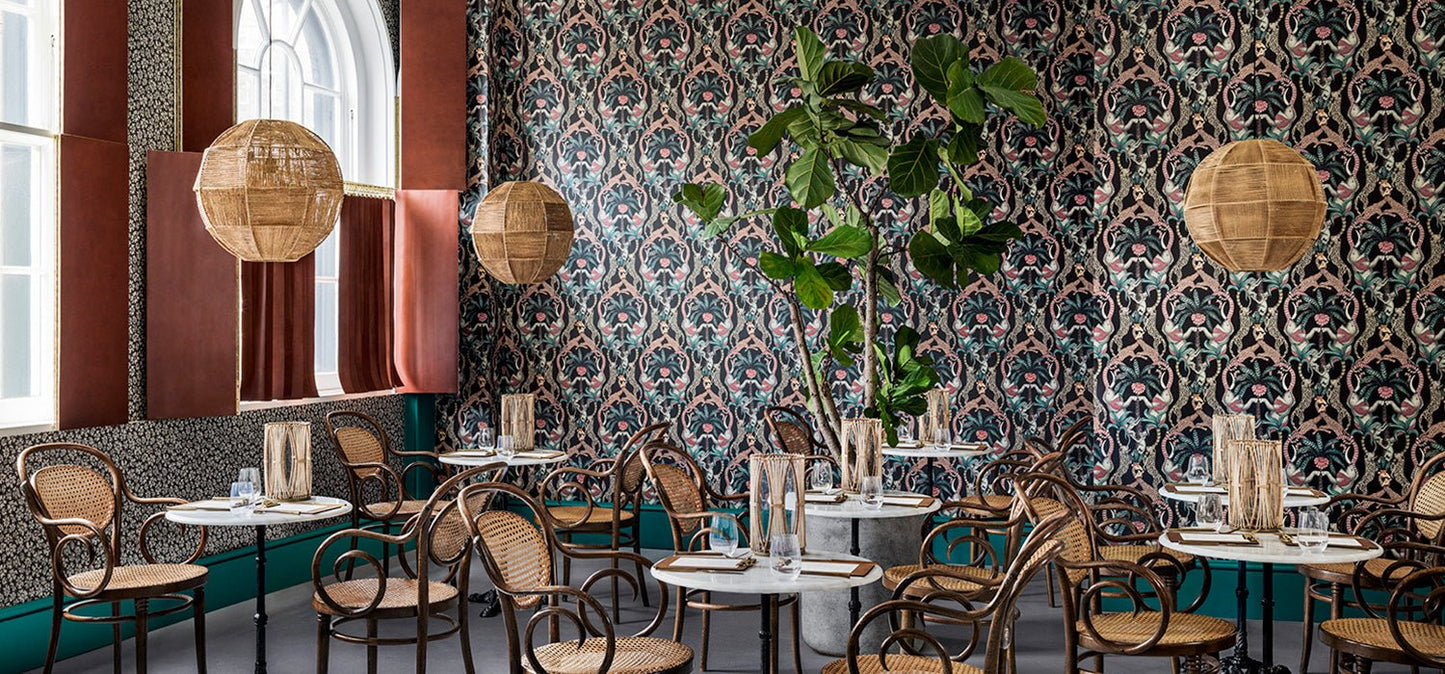 Safari Totem Wallpaper - Ruby & Print Room Blue on Charcoal - 119/2008 - Cole & Son - Premier Wallcovering