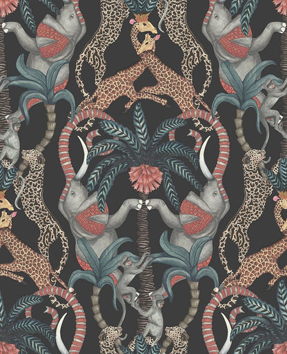 Safari Totem Wallpaper - Ruby & Print Room Blue on Charcoal - 119/2008 - Cole & Son - Premier Wallcovering