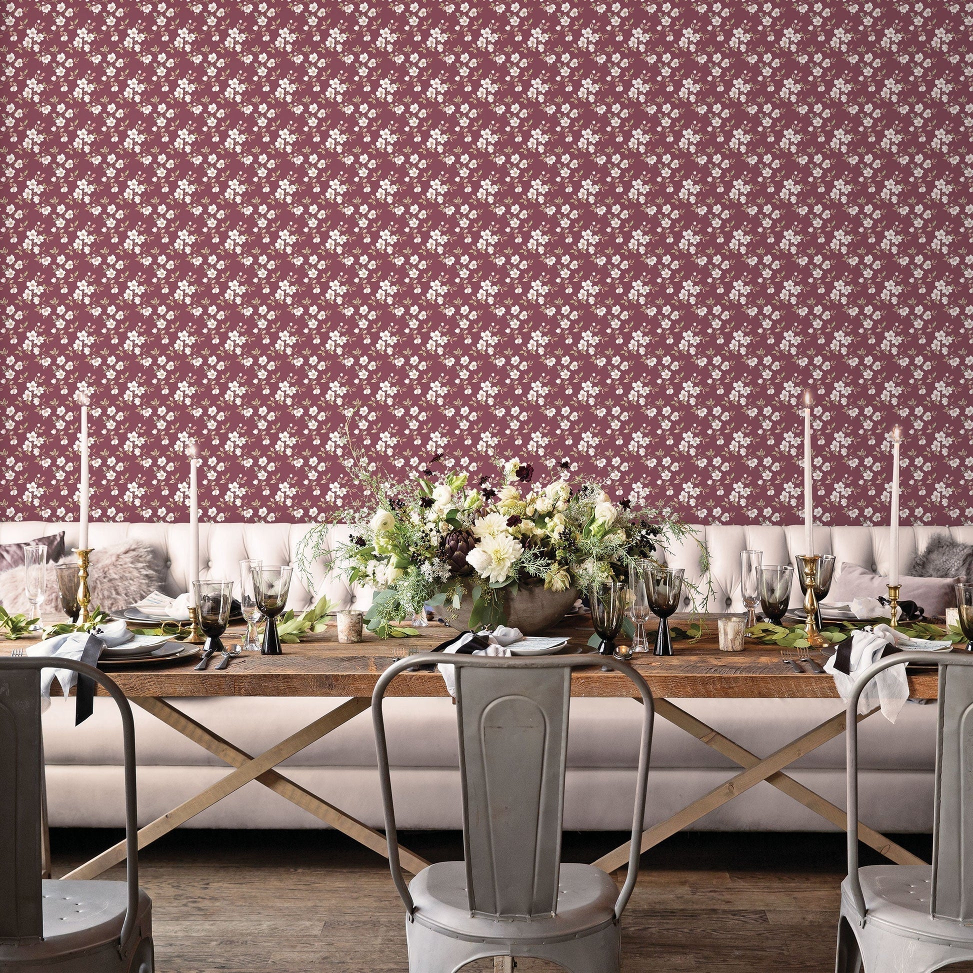 Secret Garden Anemone Mini Wallpaper - Cranberry / Pink / Green - Galerie - G78482 - Premier Wallcovering