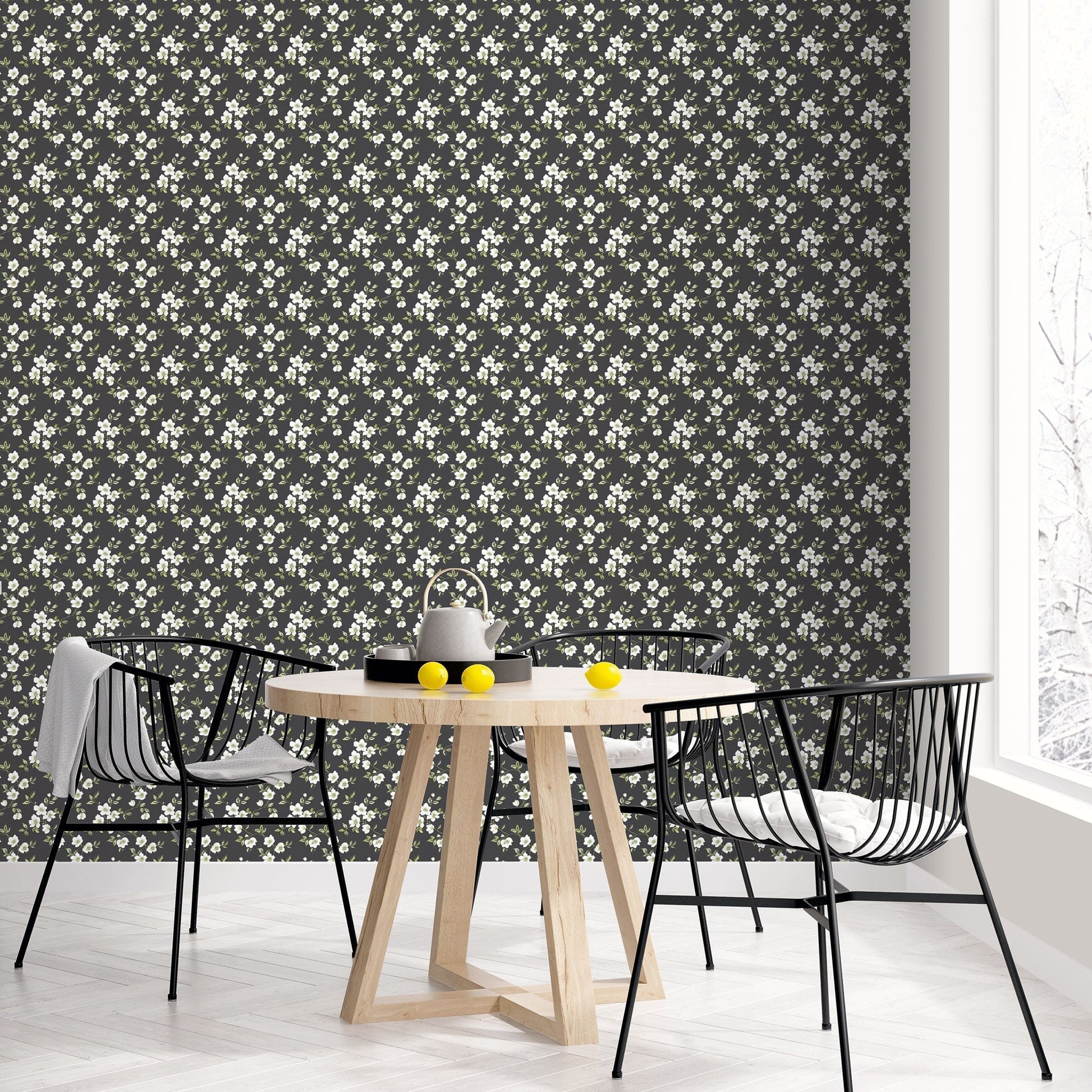 Secret Garden Anemone Mini Wallpaper - Black / Green / Taupe - Galerie - G78480 - Premier Wallcovering