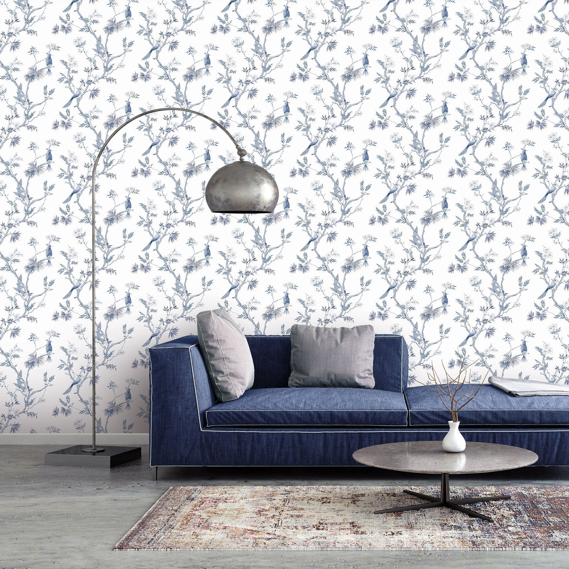 Secret Garden Classic Bird Trail Wallpaper - Blue / White - Galerie - G78489 - Premier Wallcovering