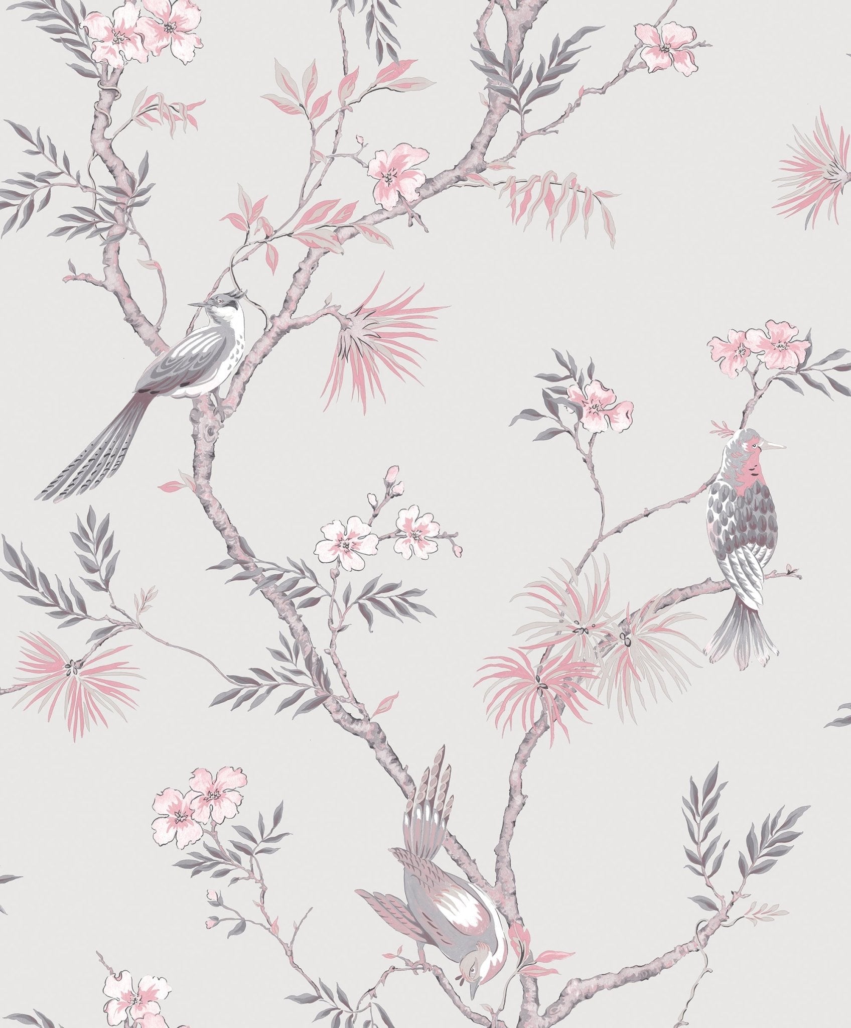 Secret Garden Classic Bird Trail Wallpaper - Grey / Pink / Grey - Galerie - G78491 - Premier Wallcovering
